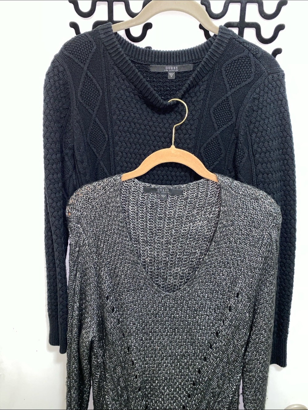 2 pcs bundle . Guess Black Cable Knit Sweater with Gray Metallic V-Neck Sweater